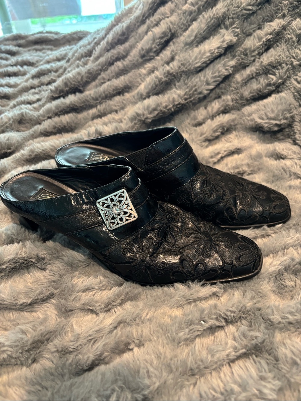 Brighton Black Embroidered Slip-On Mules with Silver Buckle